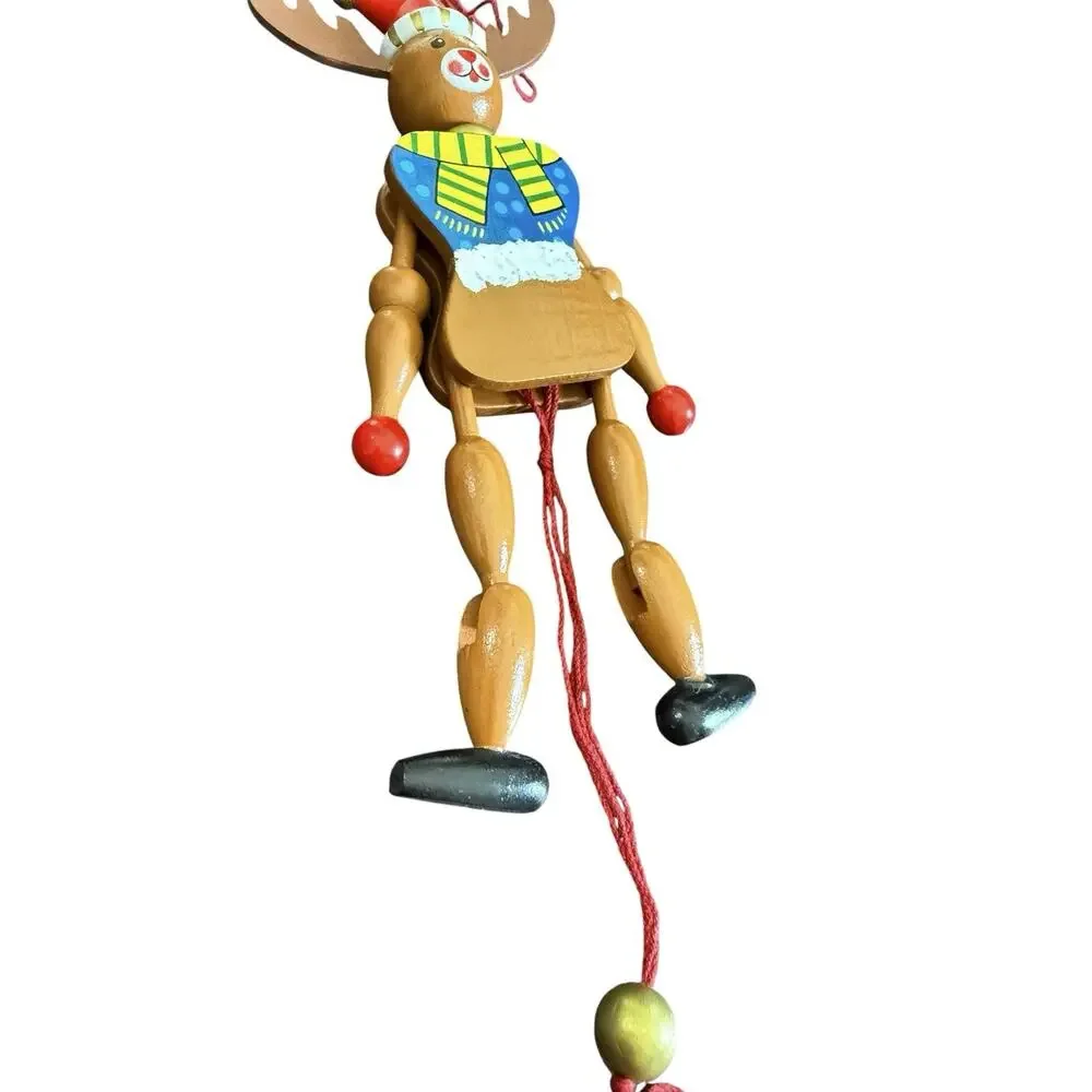 Christmas Reindeer Vintage Jumping Jack Ornament Painted Wood 7